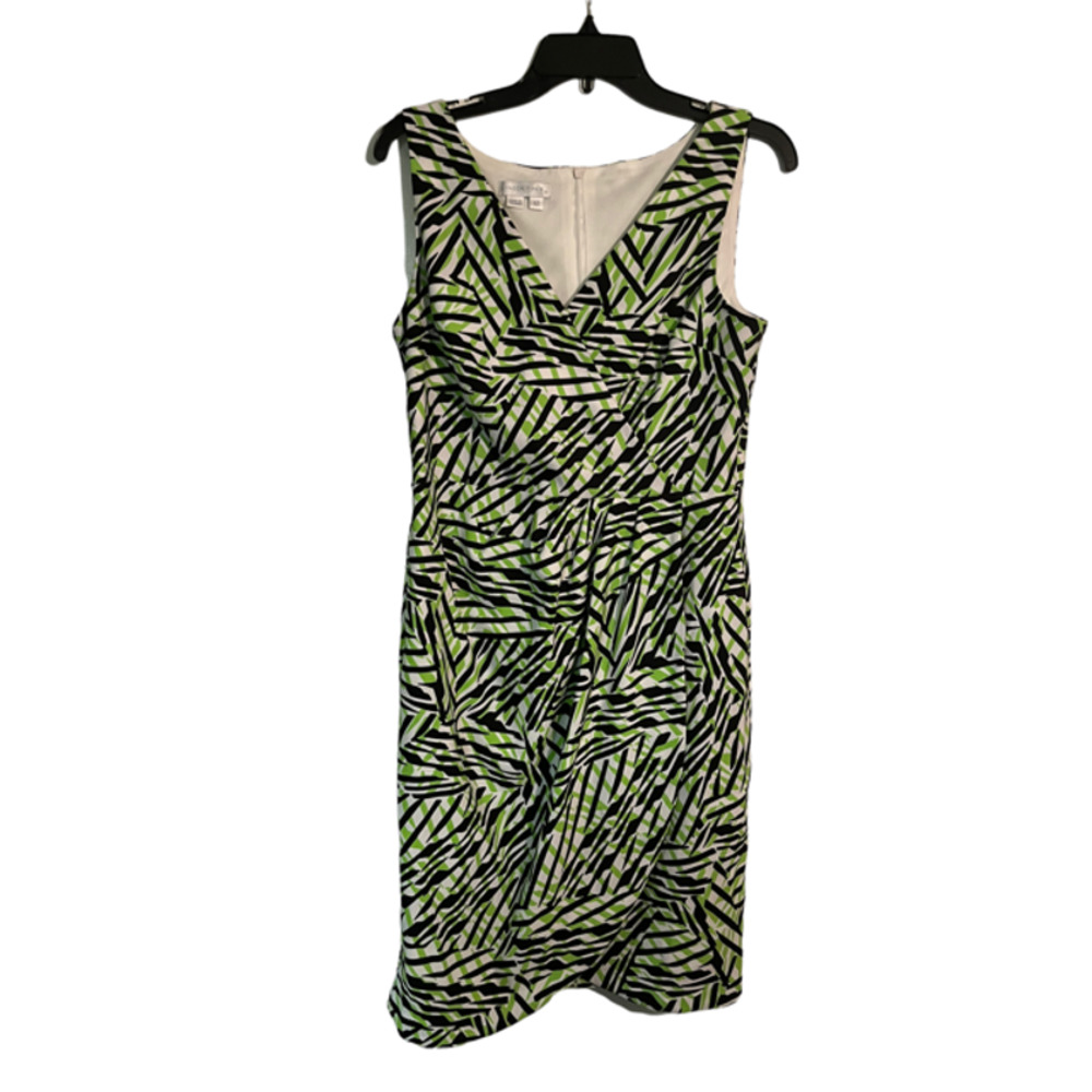 LONDON TIMES Sheath Dress Black Green White Zebra Print Midi Size 12 Cocktail